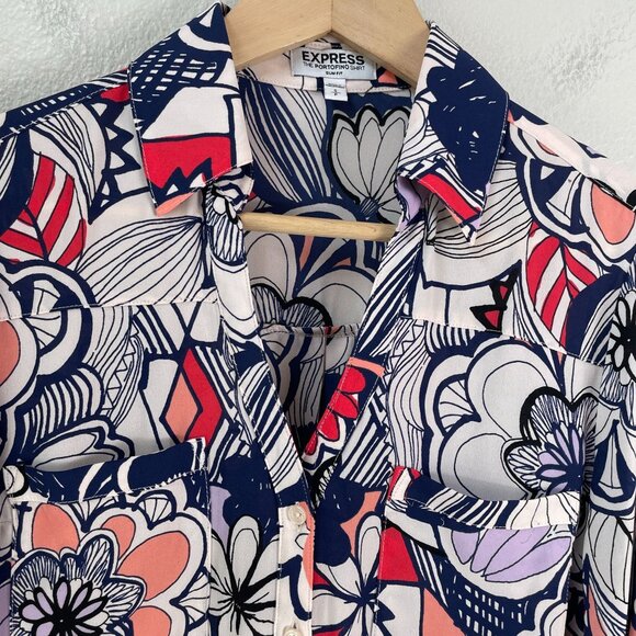 Express Portofino Shirt Womens Small Slim Fit Floral Button Up Blouse - Picture 2 of 7